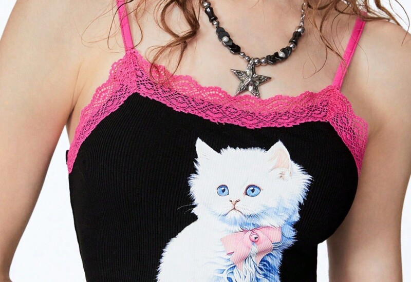 SHEIN Neu 女性用 可愛い猫プリント コントラストレーストリム スリムフィット クロップキャミトップ