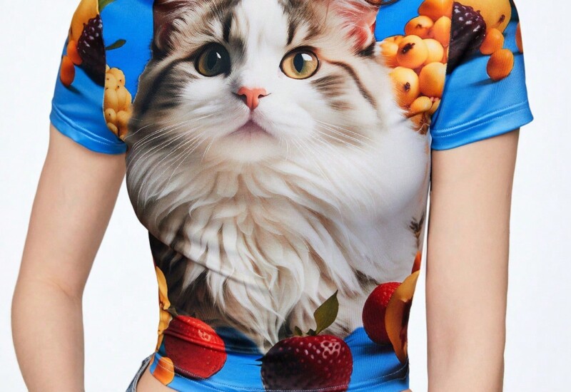 SHEIN Neu 女性用 可愛い猫 実果プリント シャツ