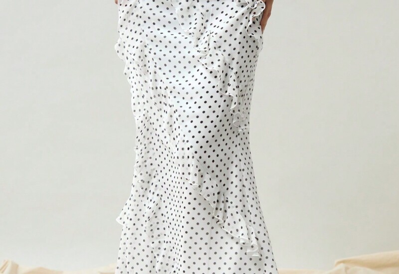 SHEIN Neu 女性用 黒白 ボタン柄プリント フローイング シフォン マキシスカート、ラッフルヘムライン、春と夏に適している