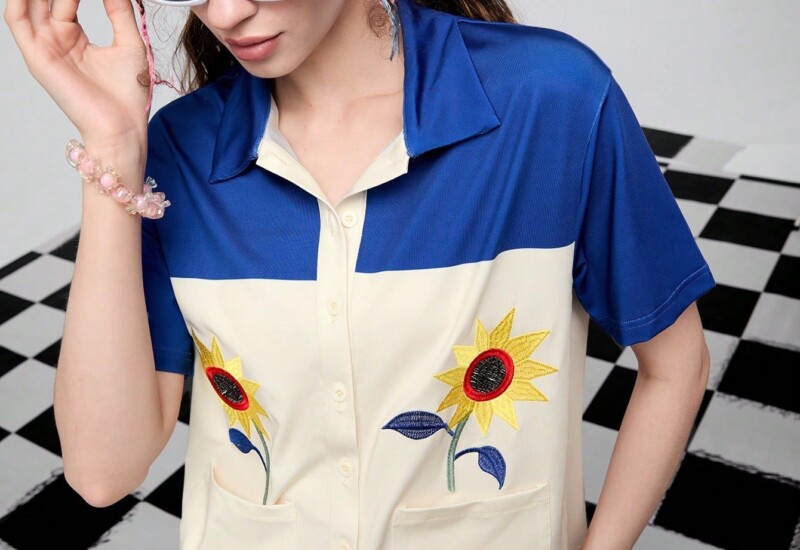 SHEIN Neu 女性用 カラーブロック 向日葵 刺繍 シングルブレスト 半袖シャツ、春夏用