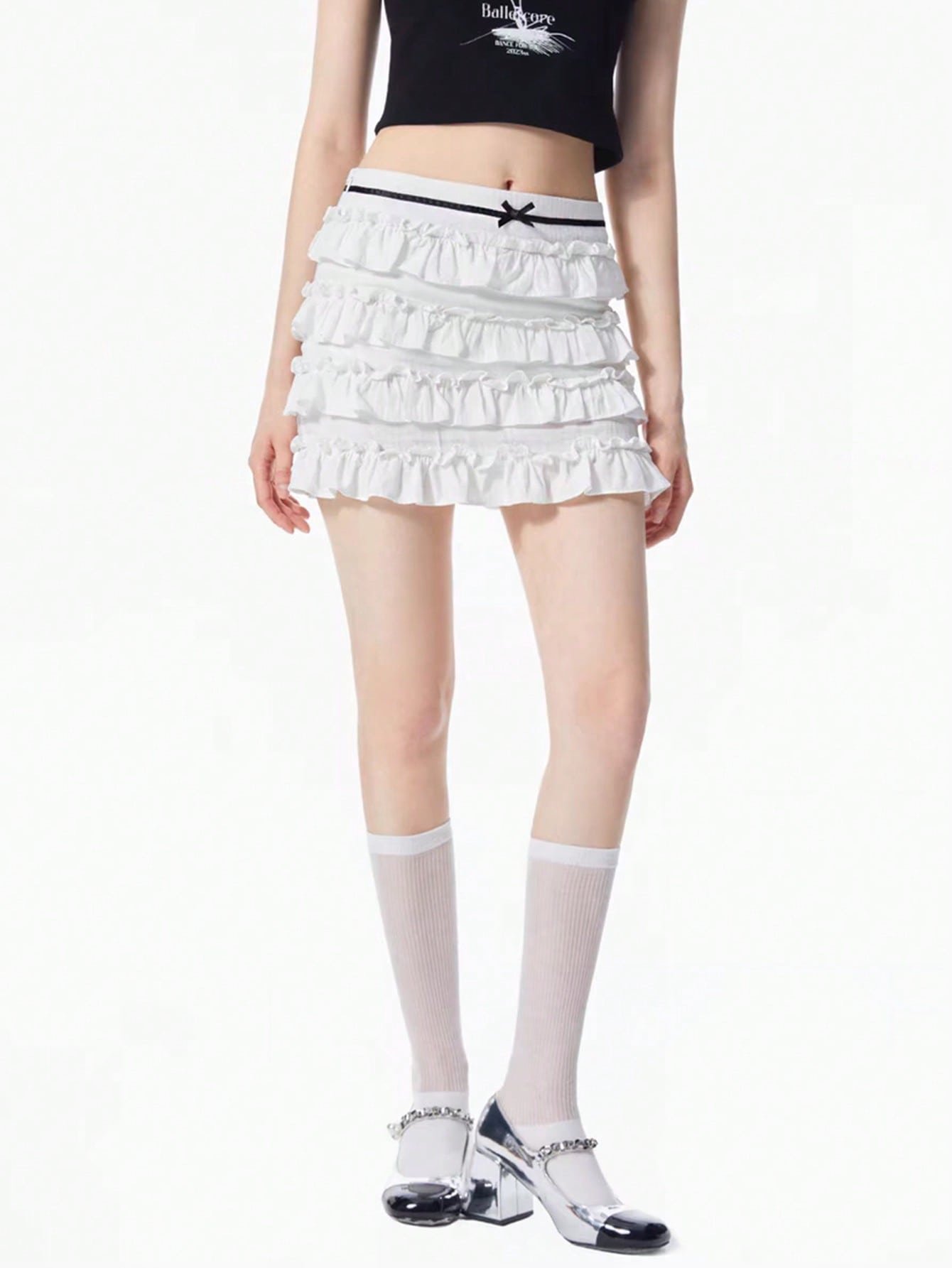 カワイイバレエスタイルのコケットサマースカート、ホワイト、レイヤードスカート、夏の愛らしいボトムス