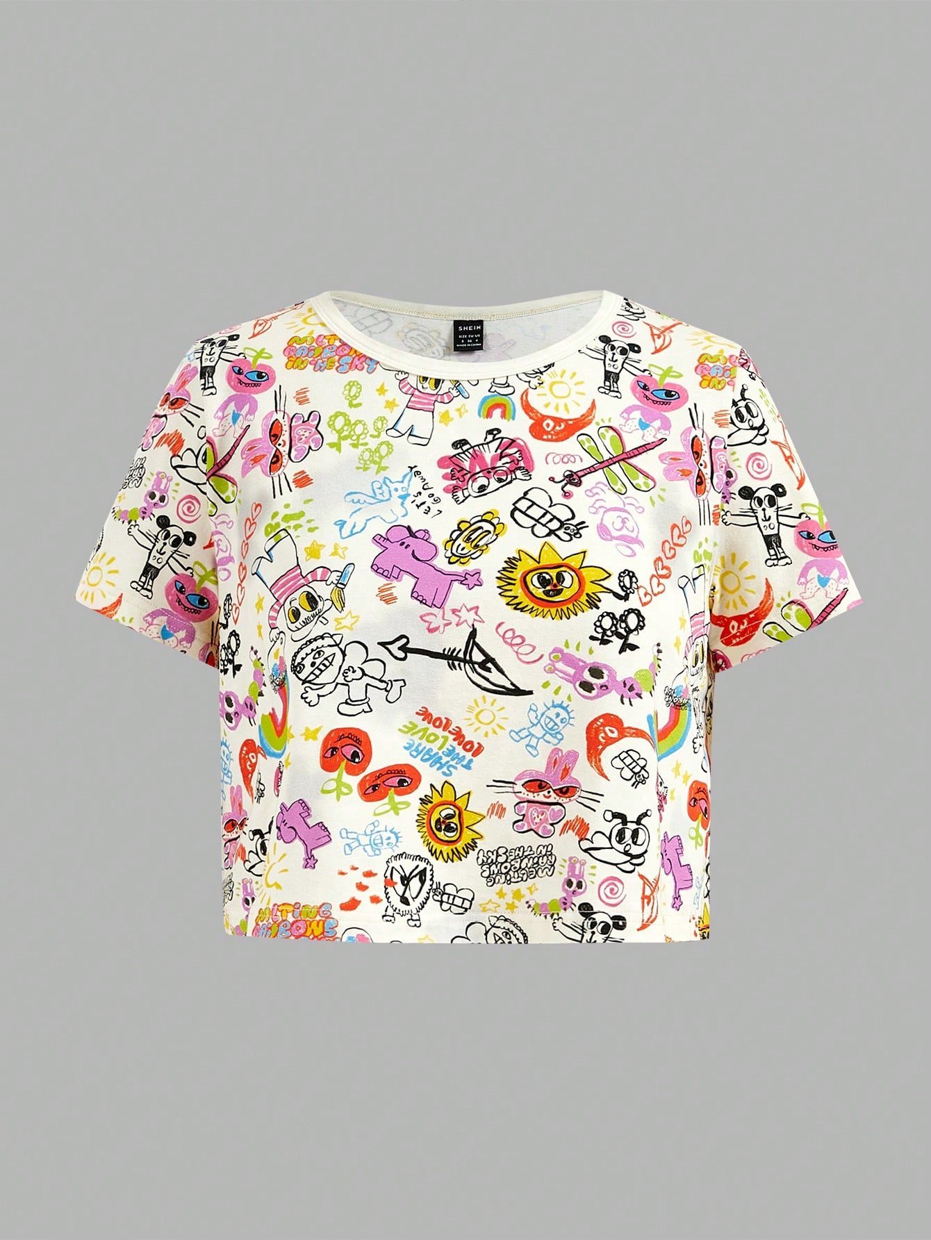 SHEIN Neu 女性用Y2K夏用カートゥーン&文字プリントラウンドネック半袖カジュアルTシャツ