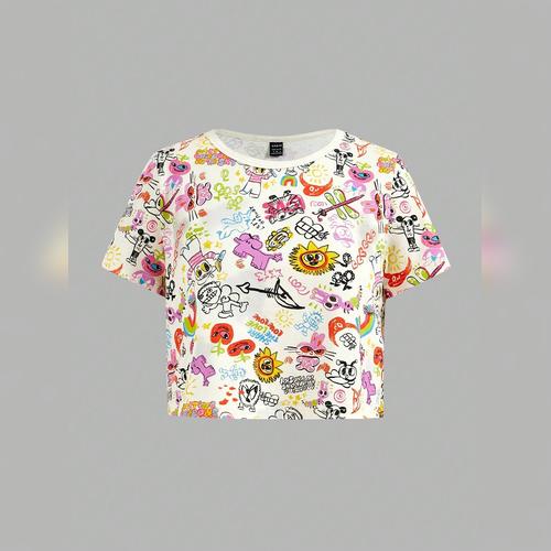 女性用Y2K夏用カートゥーン&文字プリントラウンドネック半袖カジュアルTシャツ