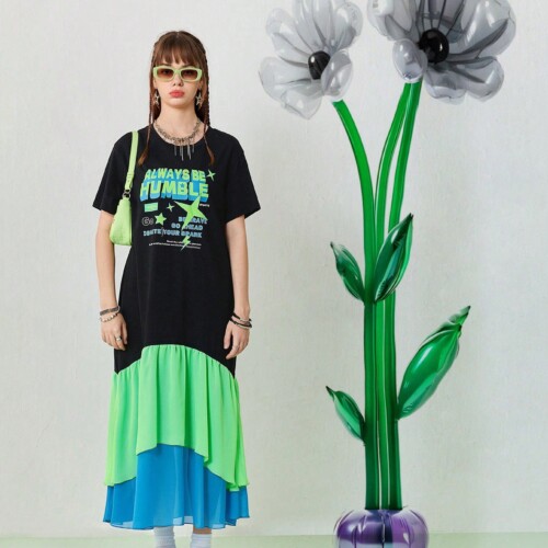 SHEIN Neu 女性用サマーカジュアルロングTシャツドレス、裾部分には対照的なカラーのシフォンパッチワーク