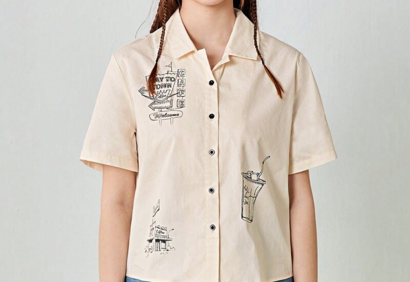 SHEIN Neu 女性用夏のカートゥンプリントショートスリーブカジュアルなルーズシャツ