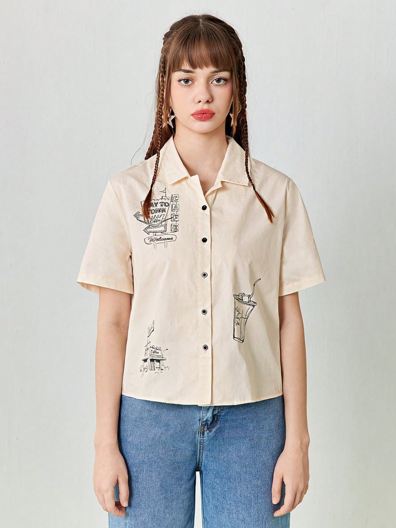 SHEIN Neu 女性用夏のカートゥンプリントショートスリーブカジュアルなルーズシャツ
