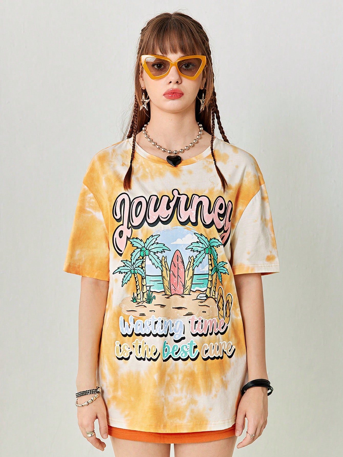女性用夏季カジュアル Tシャツ、ショートスリーブ、リゾートグラフィックプリント・絞り染めオーバーサイズ