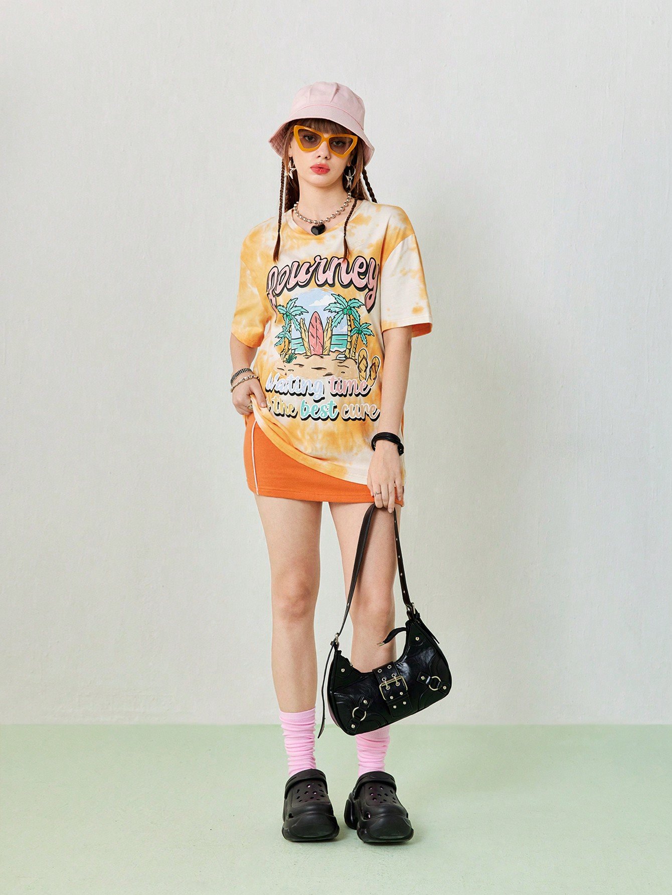 女性用夏季カジュアル Tシャツ、ショートスリーブ、リゾートグラフィックプリント・絞り染めオーバーサイズ