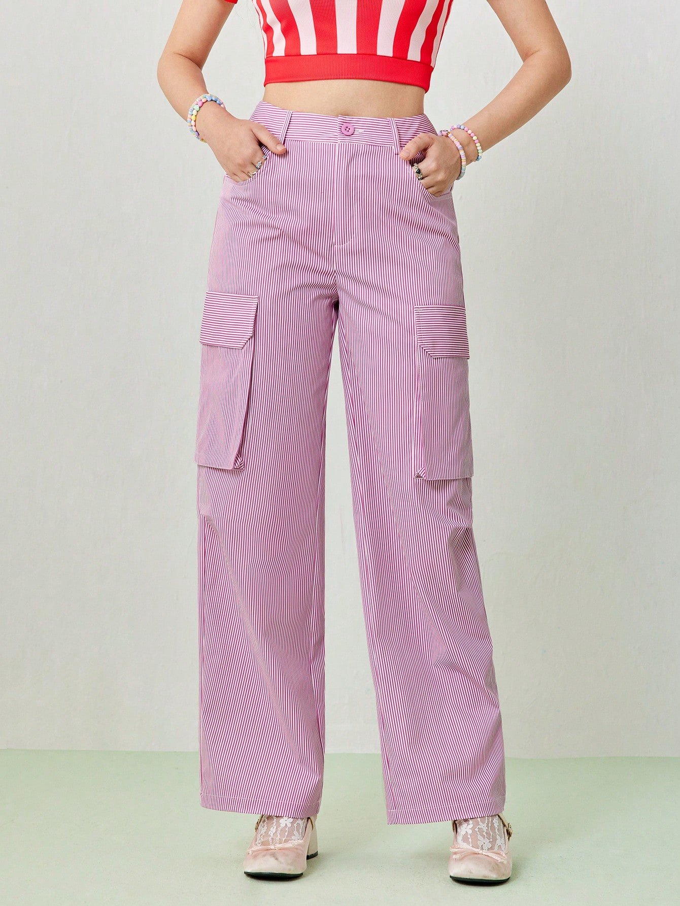 女性用 夏のカジュアルオーバーサイズポケットワークウェア、ピンクのストレートレッグパンツ 1枚