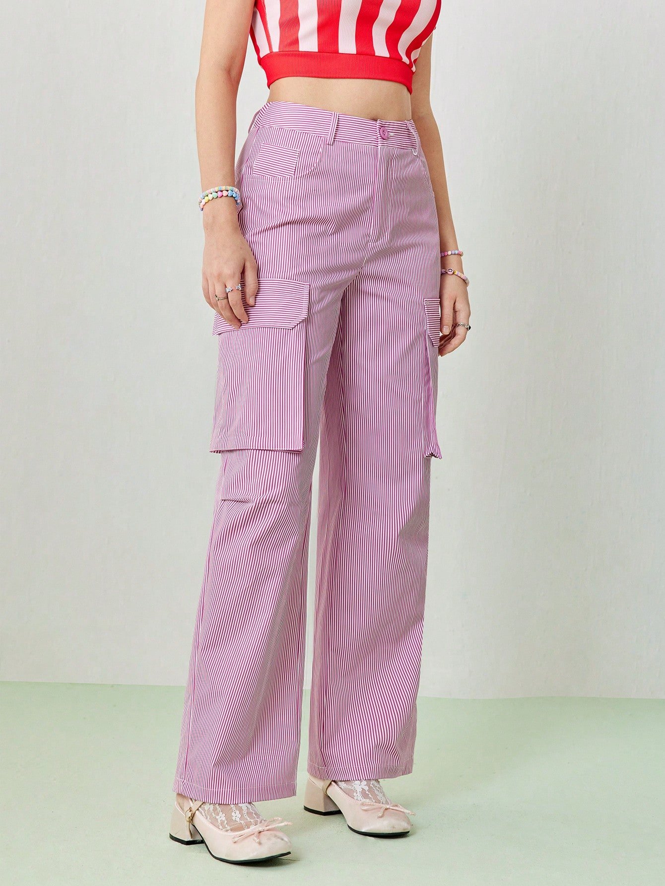 女性用 夏のカジュアルオーバーサイズポケットワークウェア、ピンクのストレートレッグパンツ 1枚
