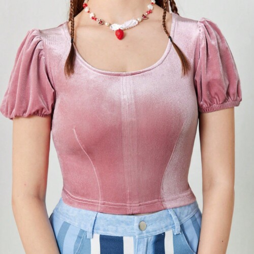 SHEIN Neu 女性用 夏 ソリッドカラー 円首プルオーバー 短いパフスリーブ スリムフィット Tシャツ
