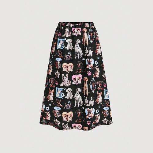 女性用 可愛い犬柄プリント 黒スカート