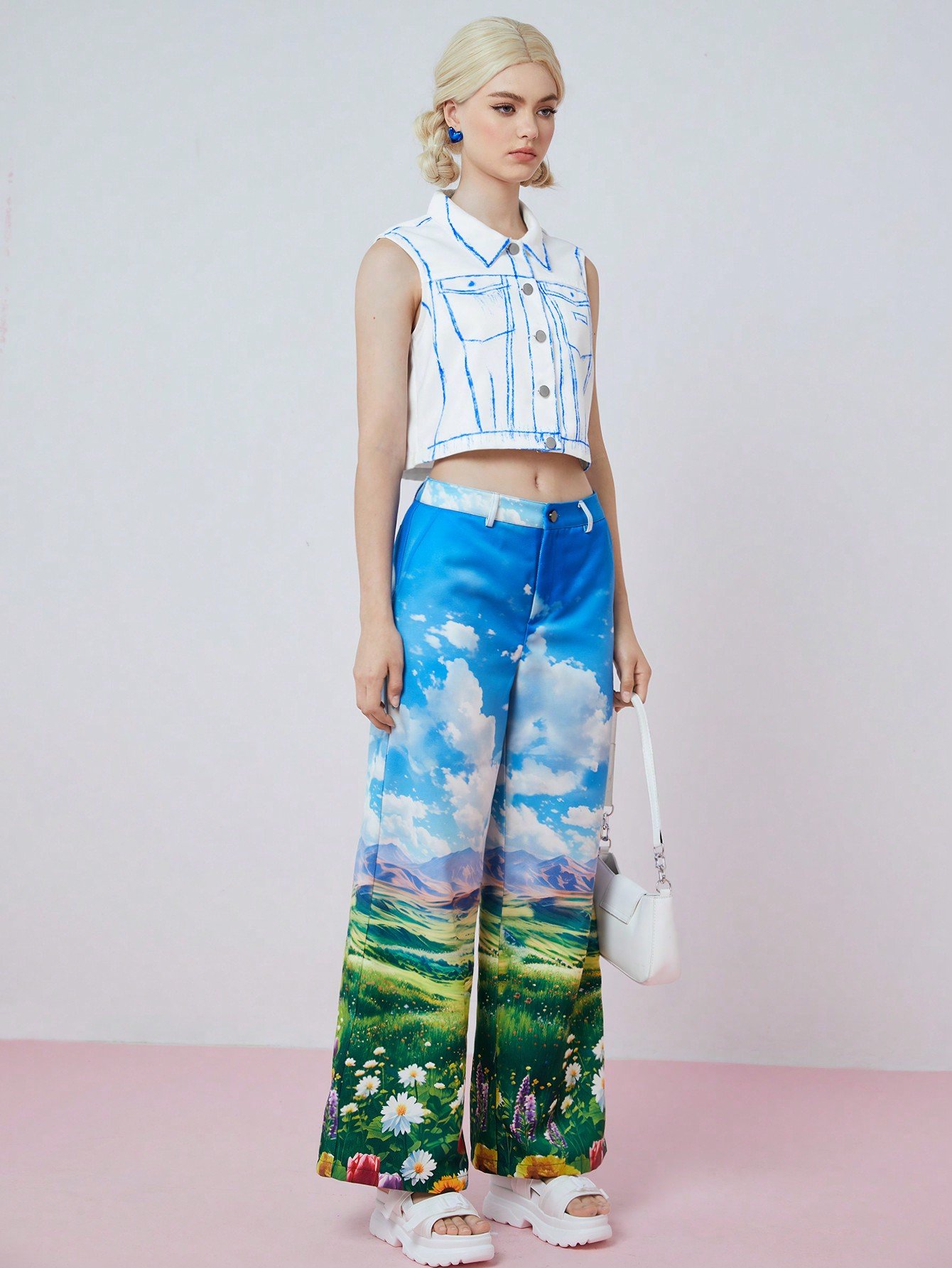 女性用夏のファッション景色プリントワイドレッグパンツ