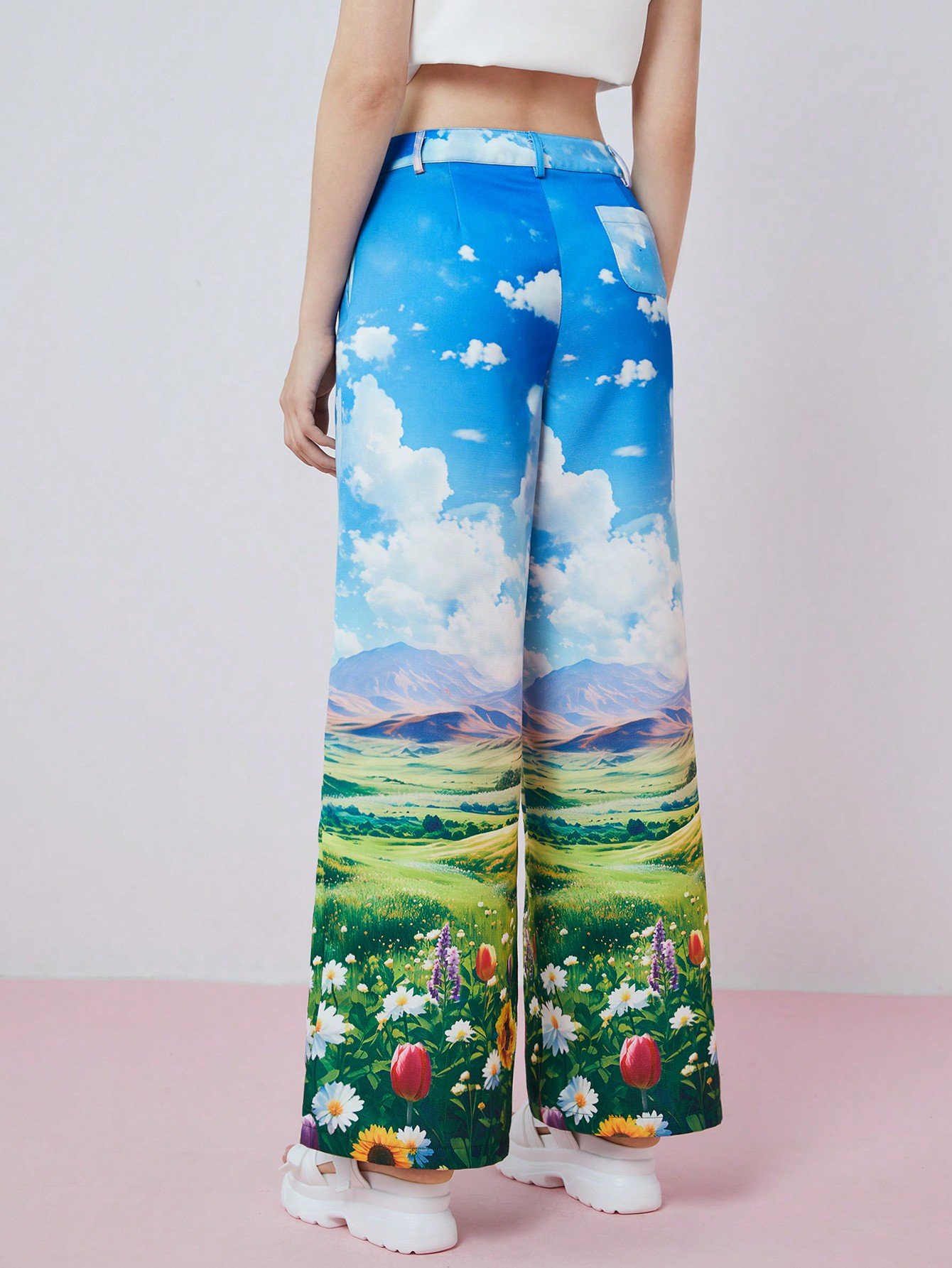 女性用夏のファッション景色プリントワイドレッグパンツ