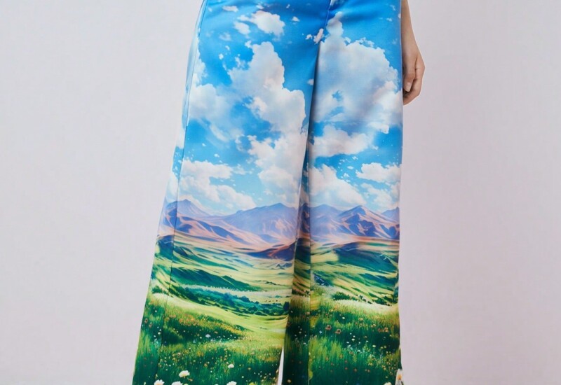 SHEIN Neu 女性用夏のファッション景色プリントワイドレッグパンツ