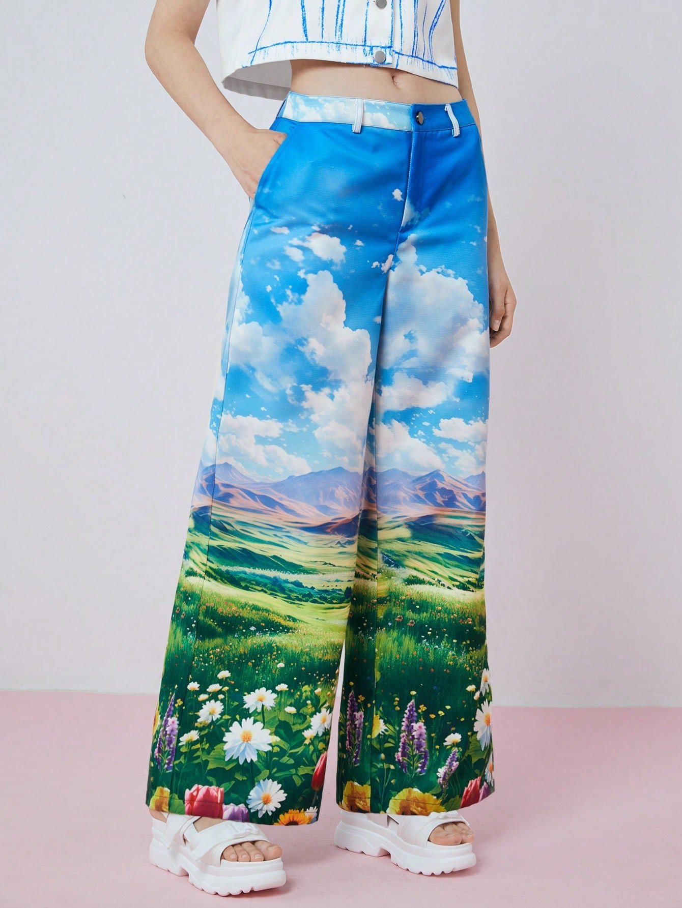 SHEIN Neu 女性用夏のファッション景色プリントワイドレッグパンツ