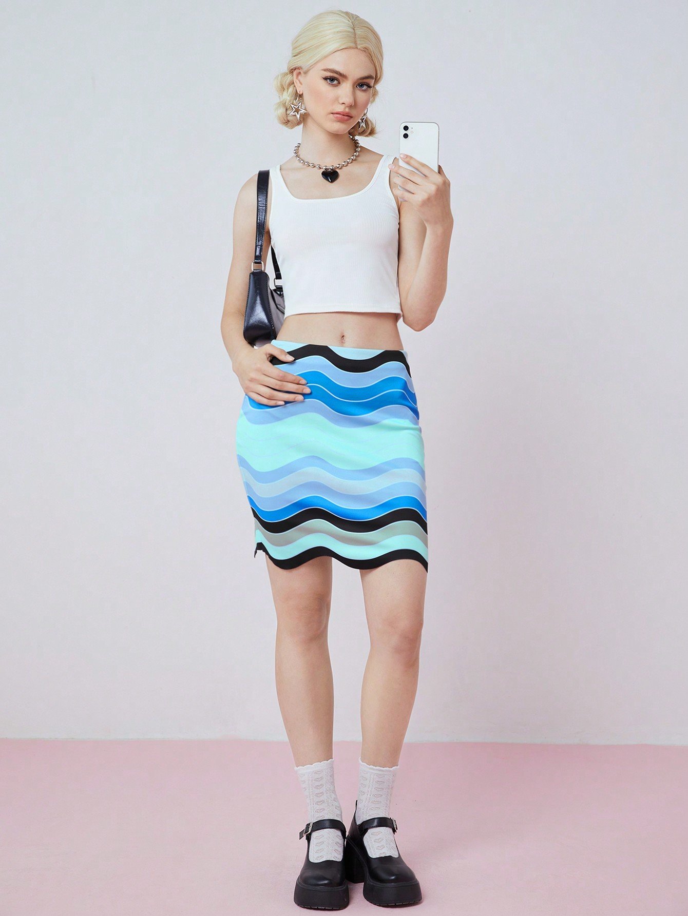 女性用 カラーブロックストライプ&プリント カジュアルサマースカート