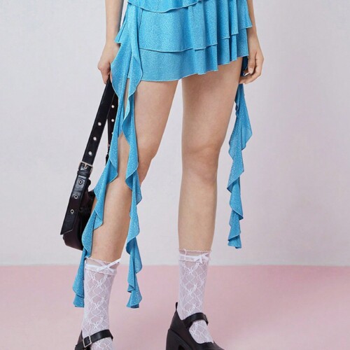 SHEIN Neu 女性用サマーファッション ソリッドカラー ラッフルヘム リボンディテール付アシンメトリーミニスカート