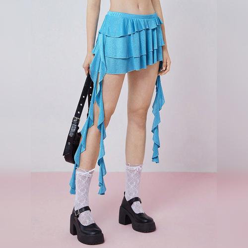 女性用サマーファッション ソリッドカラー ラッフルヘム リボンディテール付アシンメトリーミニスカート