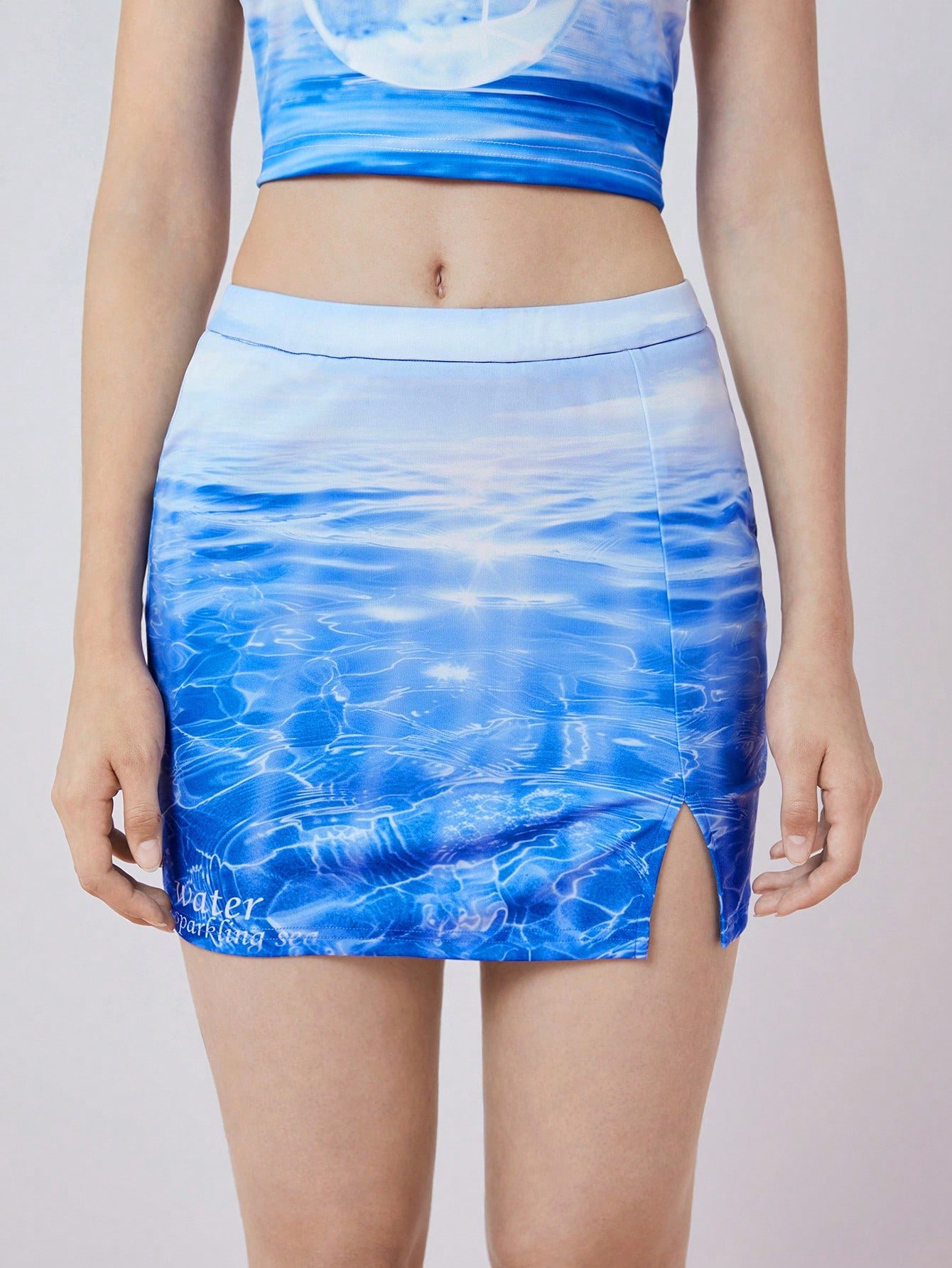 レディース サマーファッション 海洋プリント スリムフィット スリットヘム ミニスカート