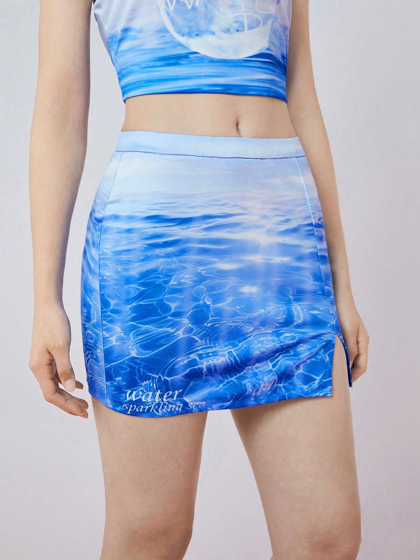 レディース サマーファッション 海洋プリント スリムフィット スリットヘム ミニスカート