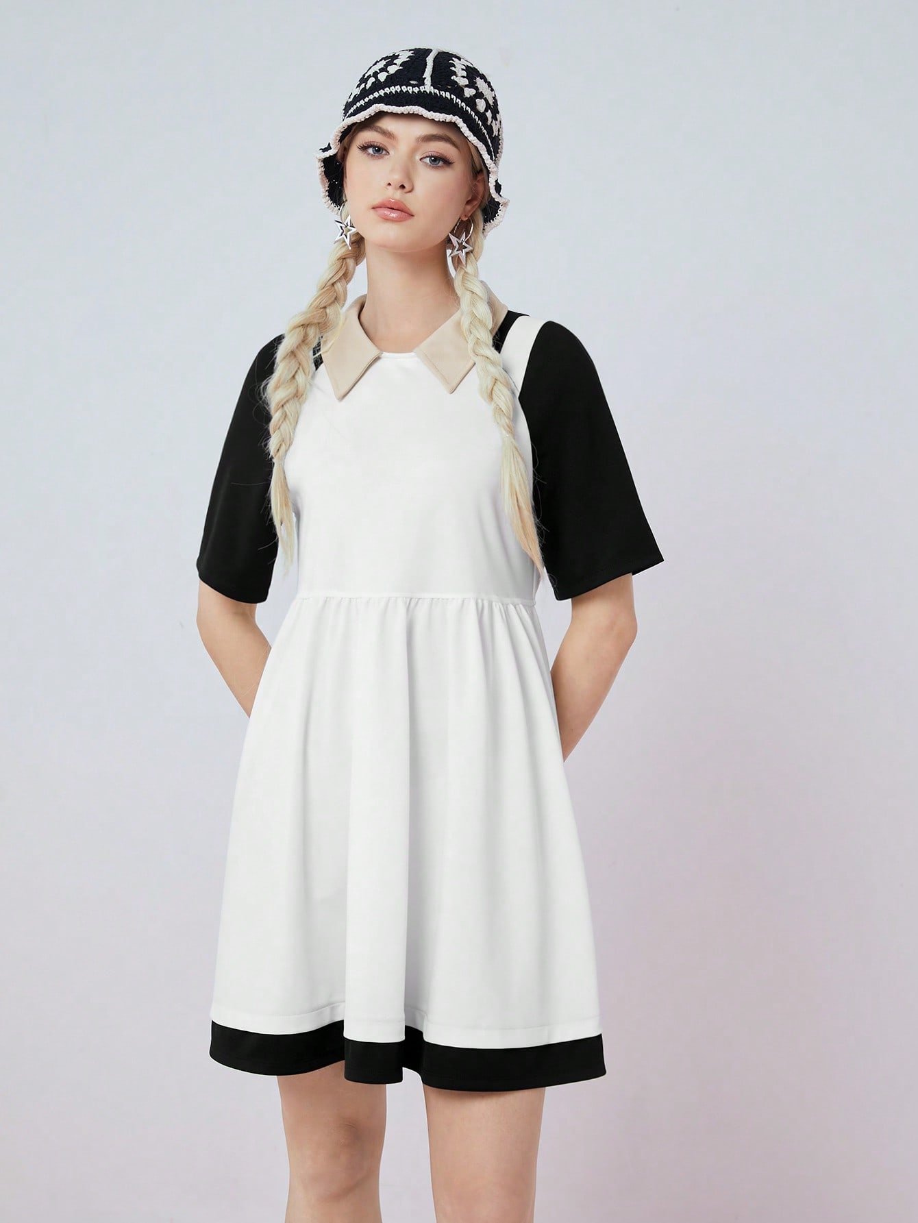 レディース カラーブロック ショートスリーブ カジュアル ホワイト グラデュエーションドレス