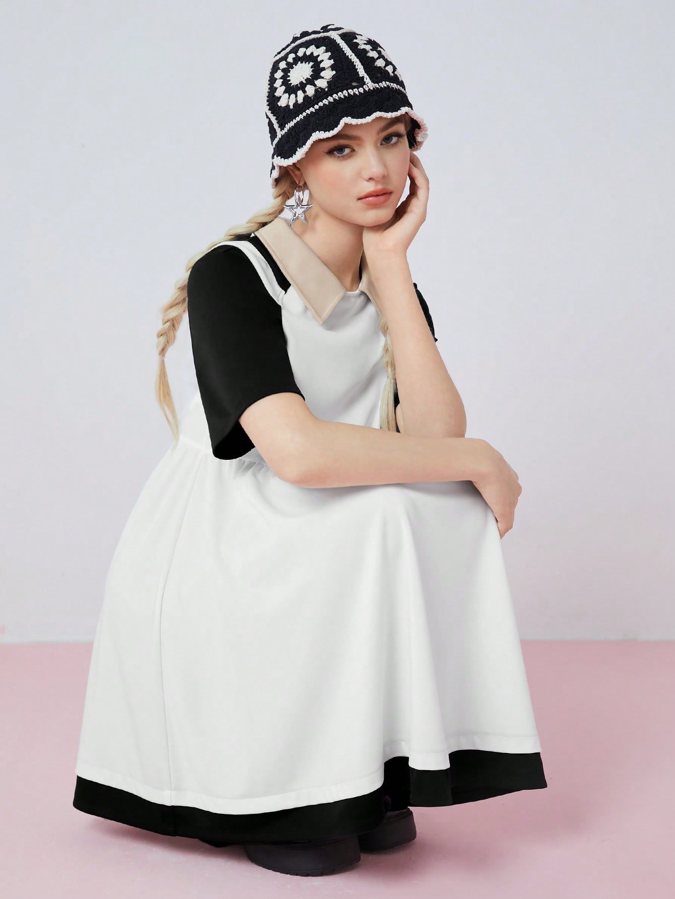 SHEIN Neu SHEINneu　レディース カラーブロック ショートスリーブ カジュアル ホワイト グラデュエーションドレス