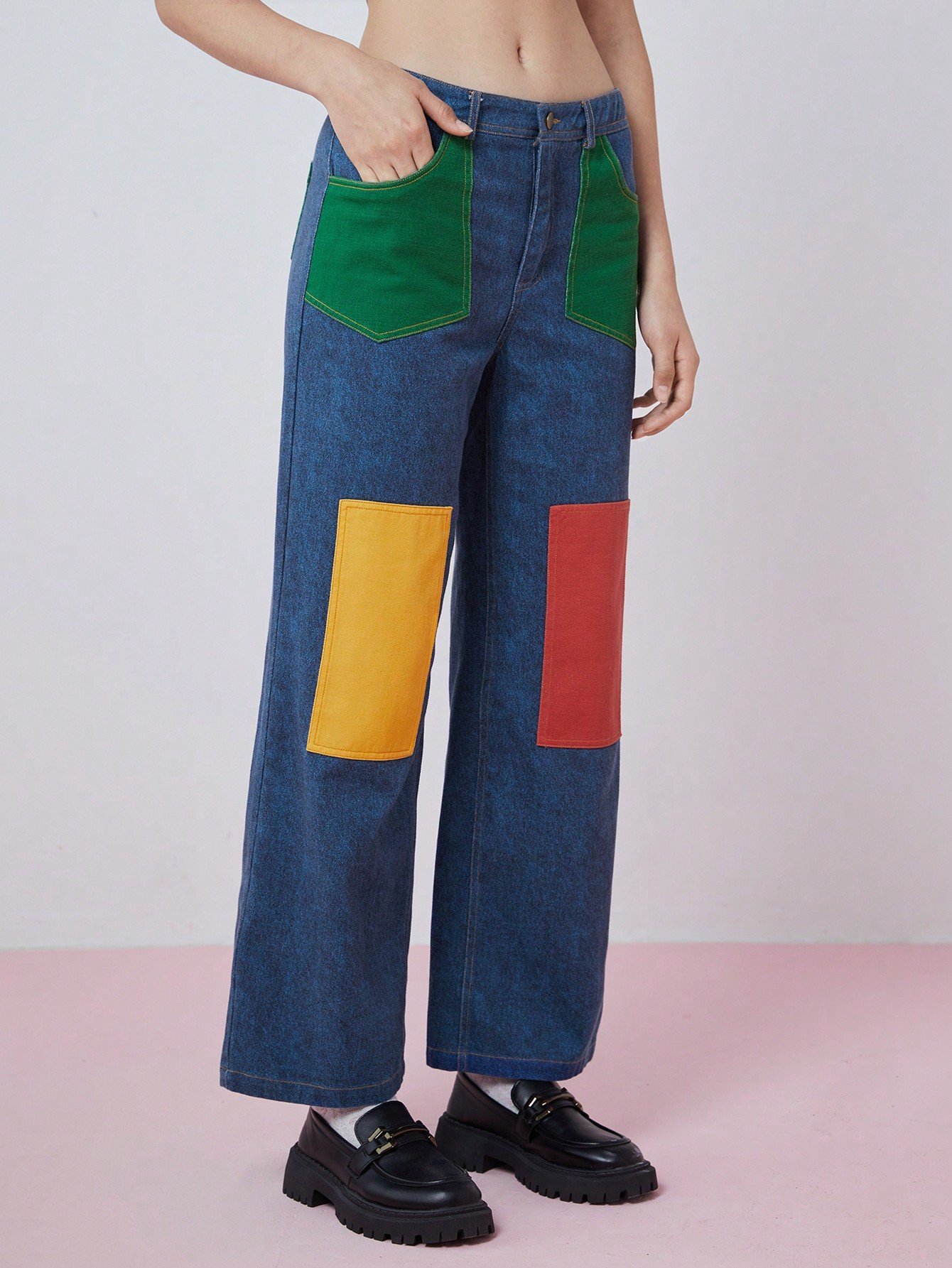 SHEIN Neu レディースファッション カラーブロック ワイドストレートパンツ