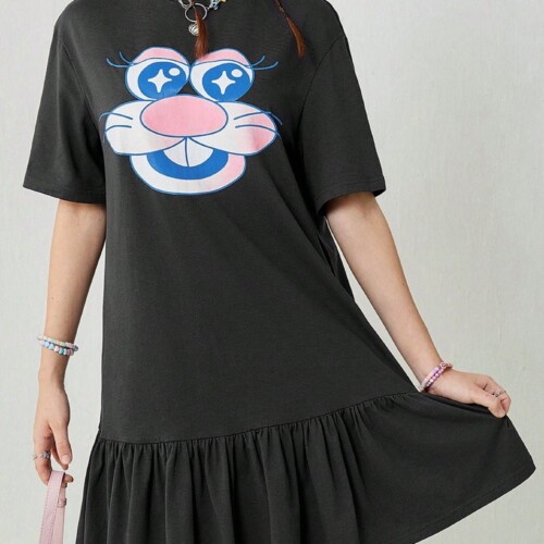 SHEIN Neu 女性用夏のカートゥーンプリント柄カジュアルTシャツショートブラックドレス