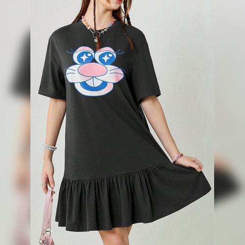 女性用夏のカートゥーンプリント柄カジュアルTシャツショートブラックドレス