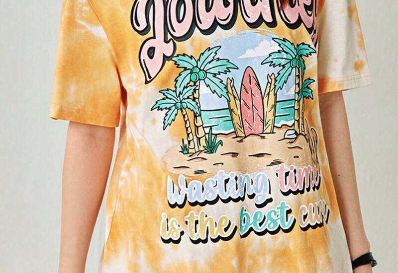 SHEIN Neu 女性用夏季カジュアル Tシャツ、ショートスリーブ、リゾートグラフィックプリント・絞り染めオーバーサイズ