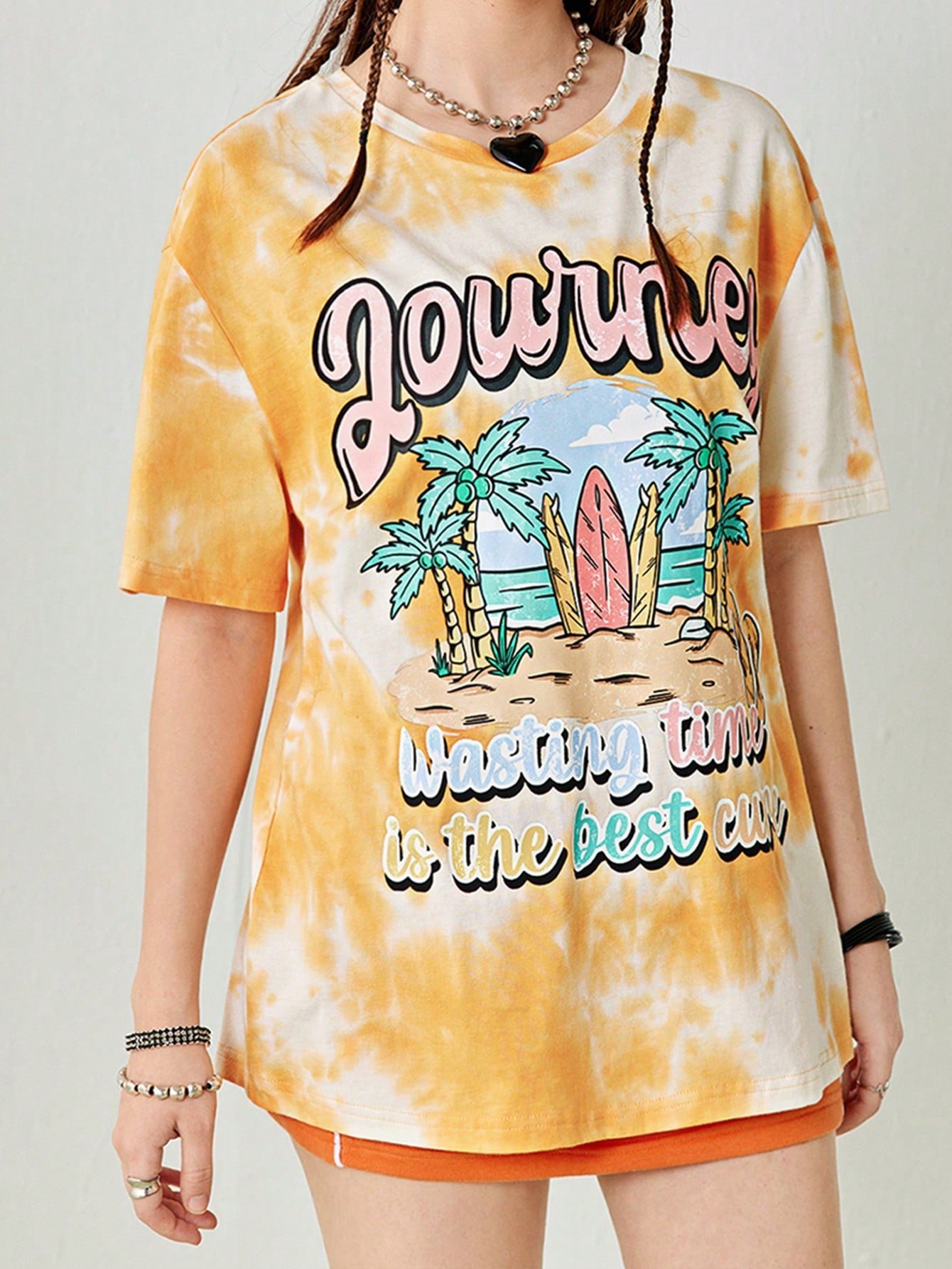 SHEIN Neu 女性用夏季カジュアル Tシャツ、ショートスリーブ、リゾートグラフィックプリント・絞り染めオーバーサイズ