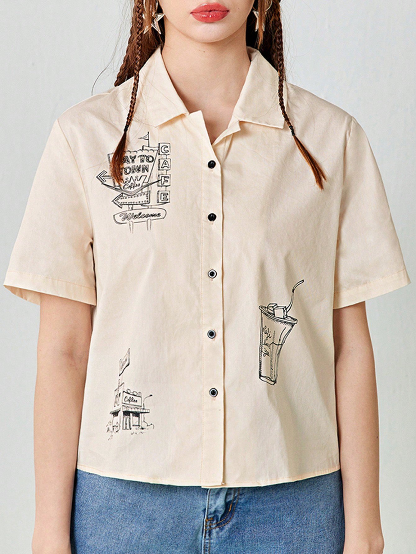 女性用夏のカートゥンプリントショートスリーブカジュアルなルーズシャツ