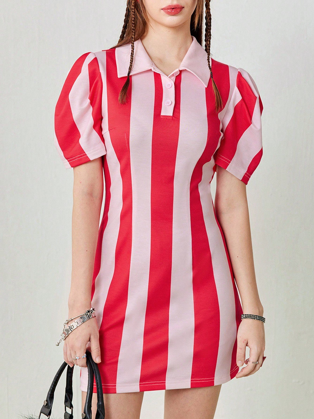 SHEIN Neu 女性用ポロネックショート丈 ワイドストライプTシャツドレス