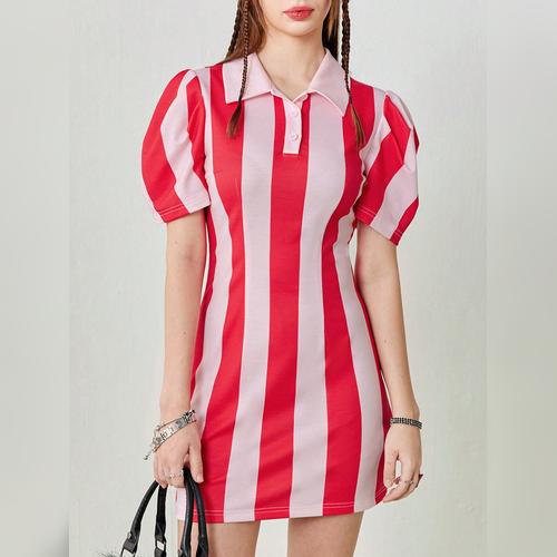 女性用ポロネックショート丈 ワイドストライプTシャツドレス