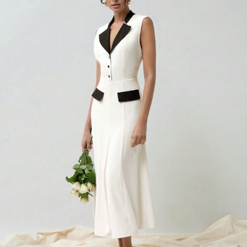 SHEIN Neu 女性用フォーマルドレス、ブラックアンドホワイトの対比色、フィッシュテールスタンドカラー、ジョイントカラー、袖なしデザイン