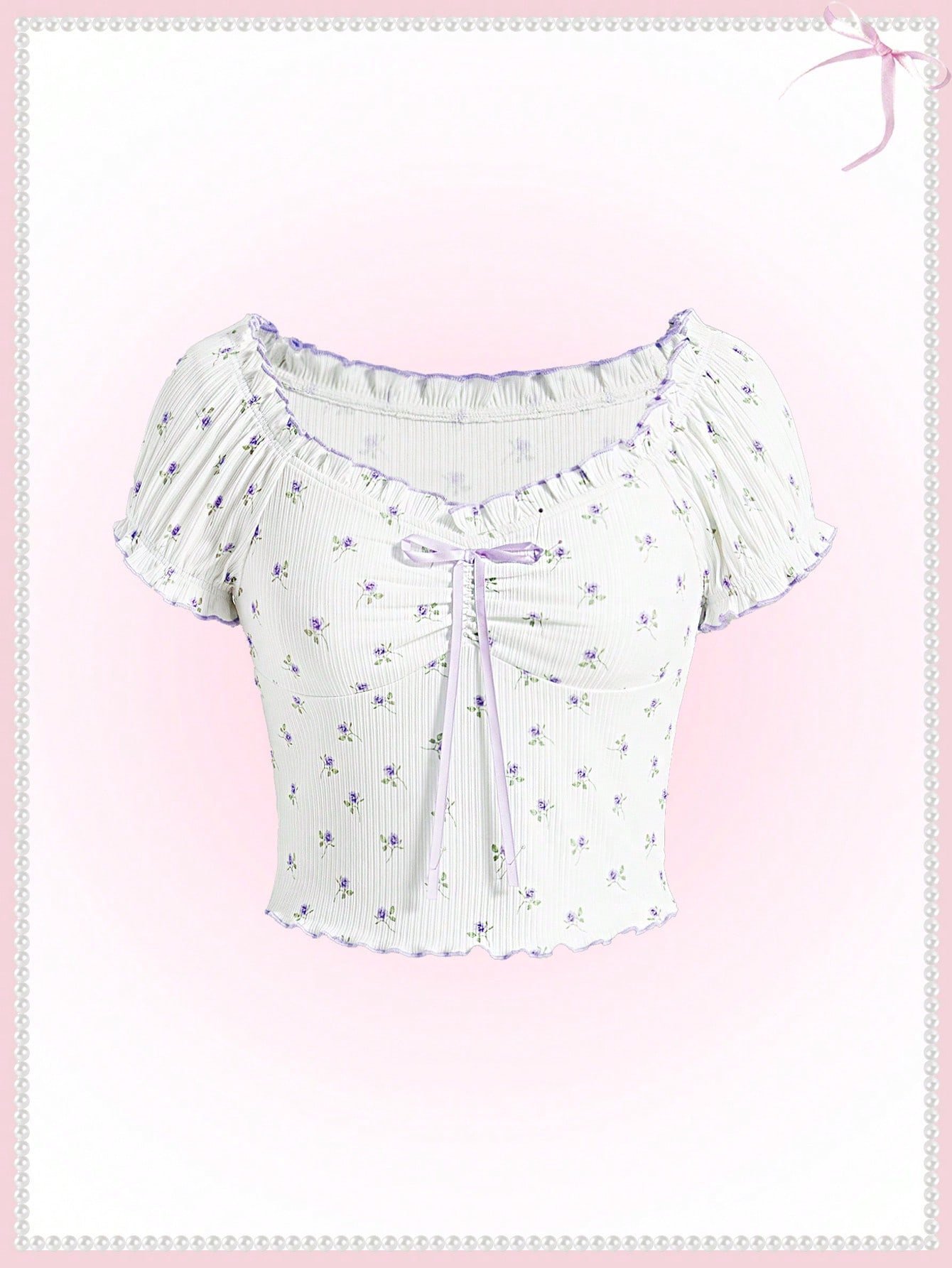 SHEIN Neu コケット サマー　バレエスタイルピンクリボン パフスリーブ花柄　かわいい夏のTシャツ　トップス