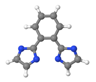 図1. 計算したモノアリルジイミダゾールの構造。グレーは炭素、白は水素、青は窒素を表します。