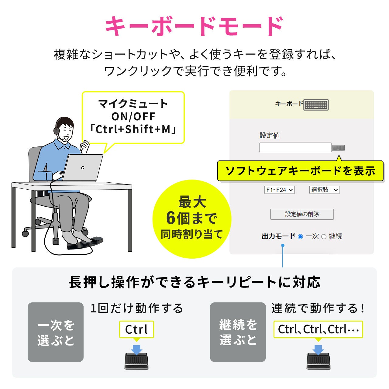 足でパソコンを操作！好きな操作を割り当てできる静音USBフットペダル（3ペダルタイプ）を発売