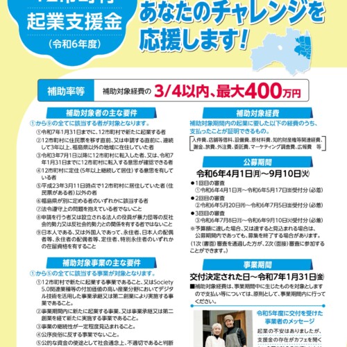 福島県が「福島県12市町村起業支援金」の３回目募集を７月８日から開始！