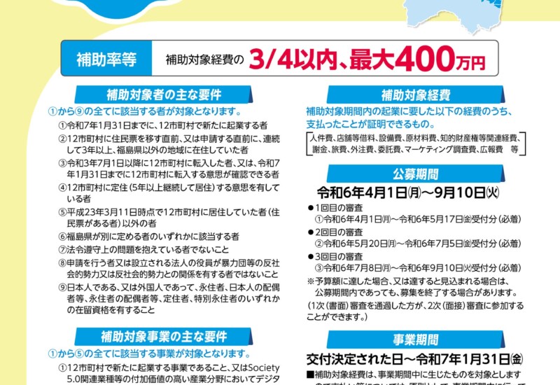 福島県が「福島県12市町村起業支援金」の３回目募集を７月８日から開始！