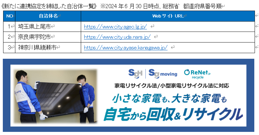 SGムービングとリネットジャパン 新たに3自治体と協定を締結自治体公認の「大型家電の便利な回収サービス」は...