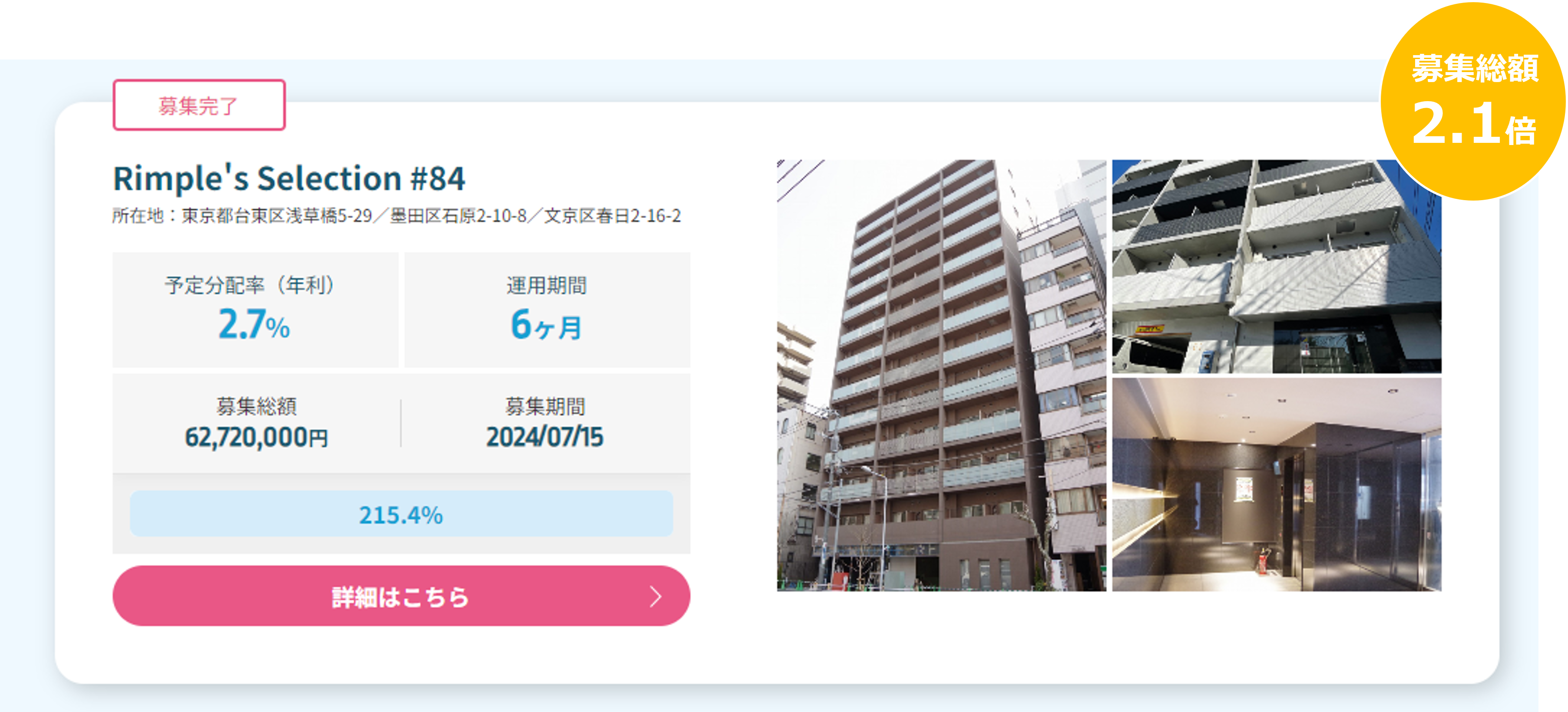 プロパティエージェントの展開する不動産クラウドファンディングRimple’s Selection#84募集総額215.4％の1.35...