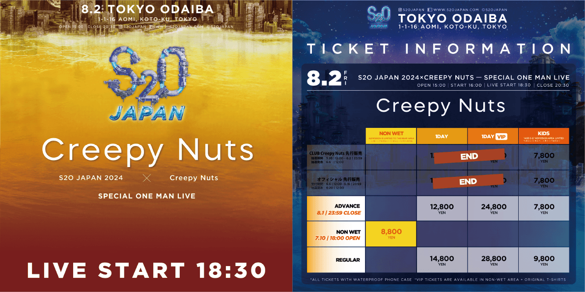 「S2O JAPAN 2024」 “Creepy Nuts”初野外ワンマンライブタイムテーブル・エリアマップ発表＆水に濡れないエリ...