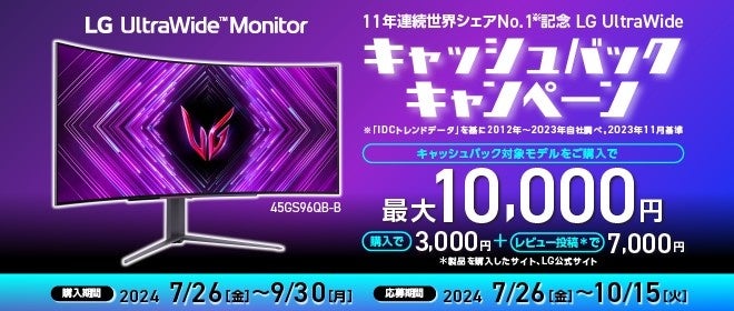 ご購入＆レビュー投稿で最大1万円キャッシュバック！『11年連続世界シェアNo.1記念LG UltraWide キャッシュバ...