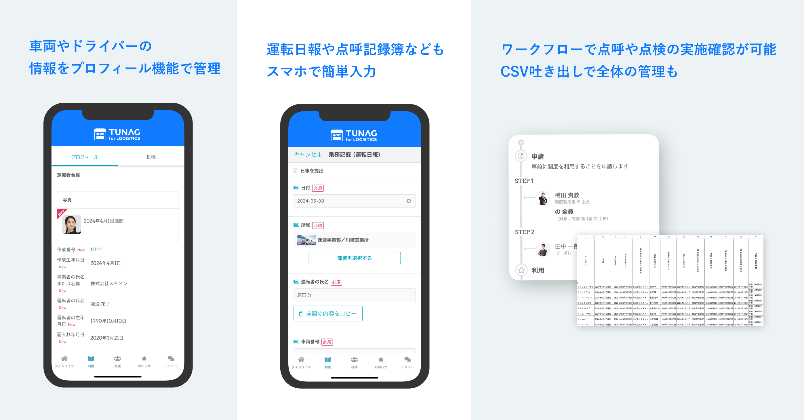 TUNAG for LOGISTICS、運転者台帳や点呼記録簿などの運行管理帳票のデジタル運用が可能に。外部の監査にも対応。