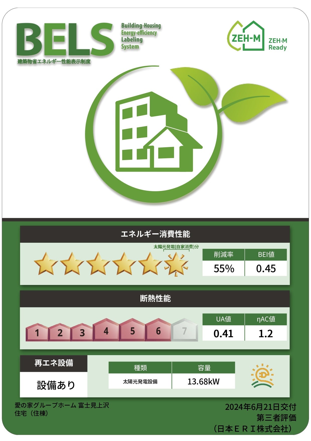 「愛の家グループホーム富士見上沢」が「BELS」（建築物省エネルギー性能表示制度）を取得