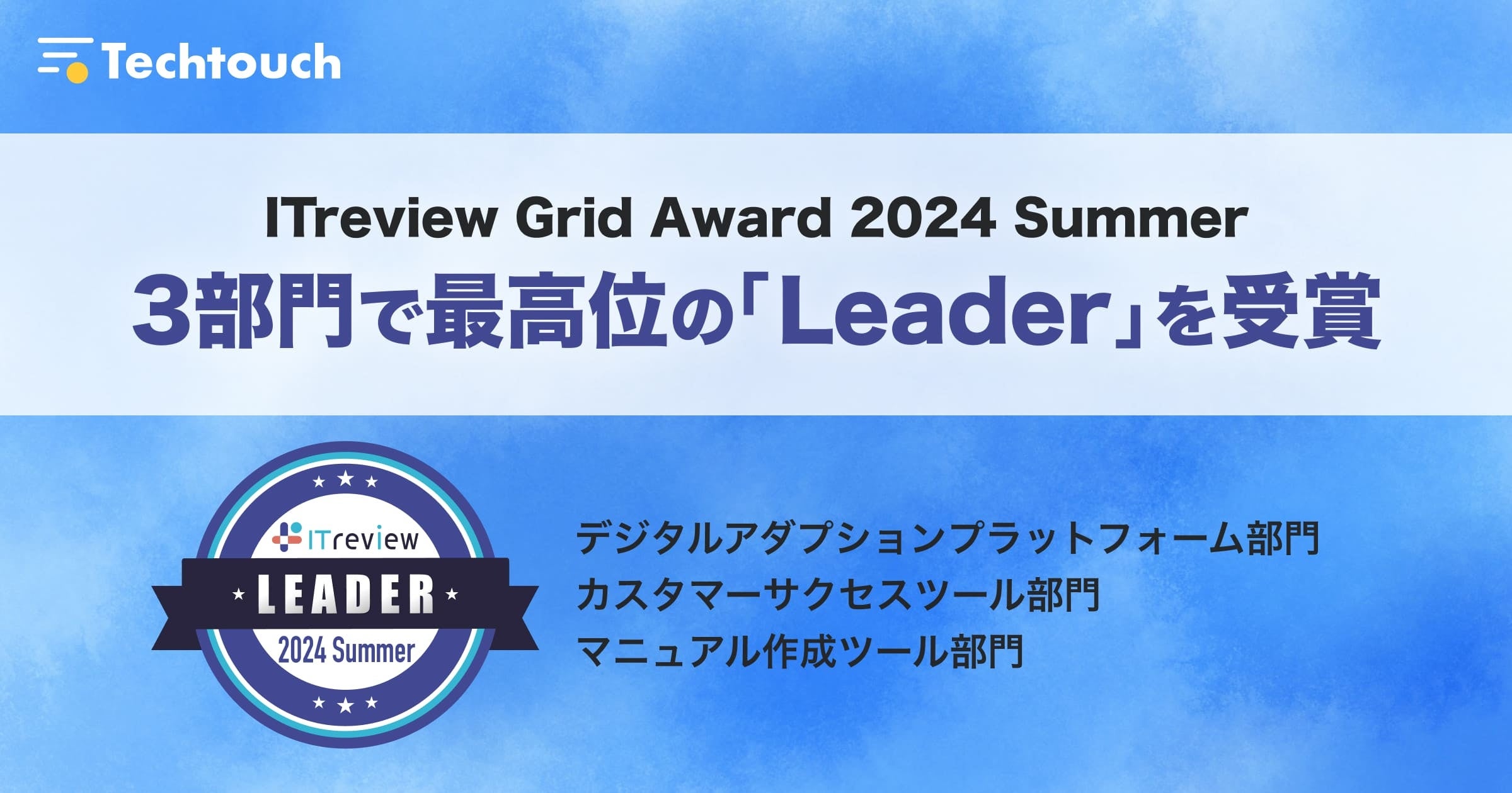 テックタッチ、「ITreview Grid Award 2024 Summer」最高位である「Leader」を2部門・6期連続受賞