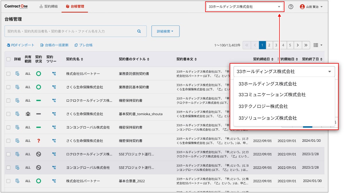 契約データベース「Contract One」がオプション機能「グループ企業管理」を実装