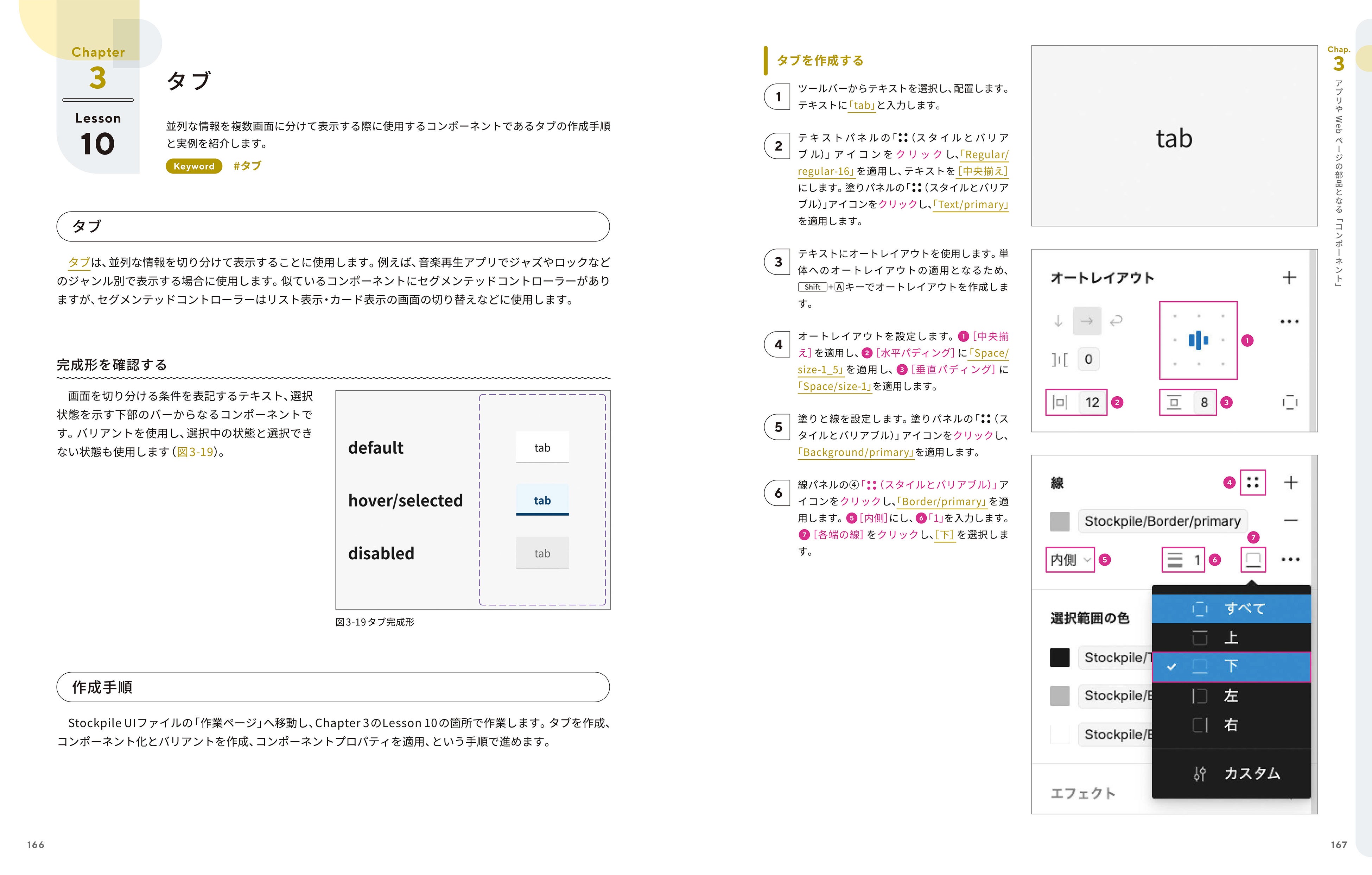 コンポーネントの完成形を示し、作成手順を丁寧に解説しています。手順の最後には実装例も掲載しています